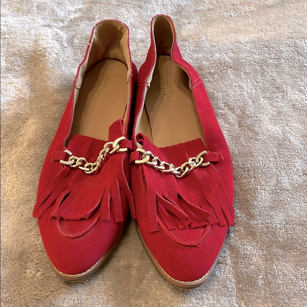 Franco Sarto Red Fringe Suede Loafers with Chain Detail